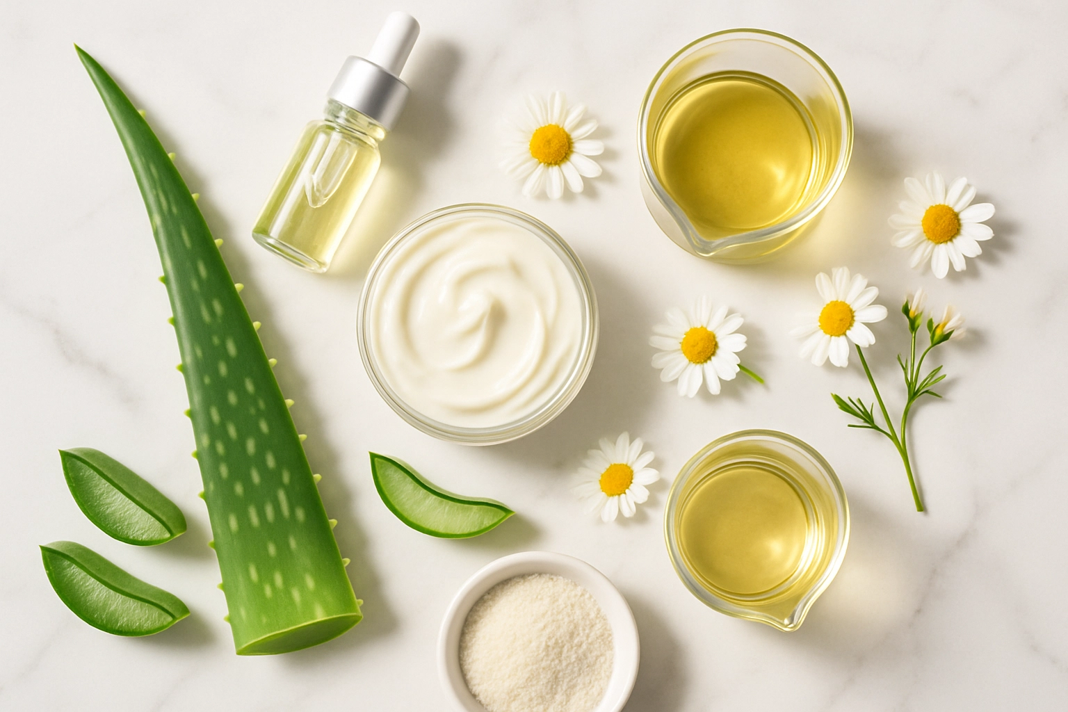 Pigments and clean beauty ingredients arranged on table