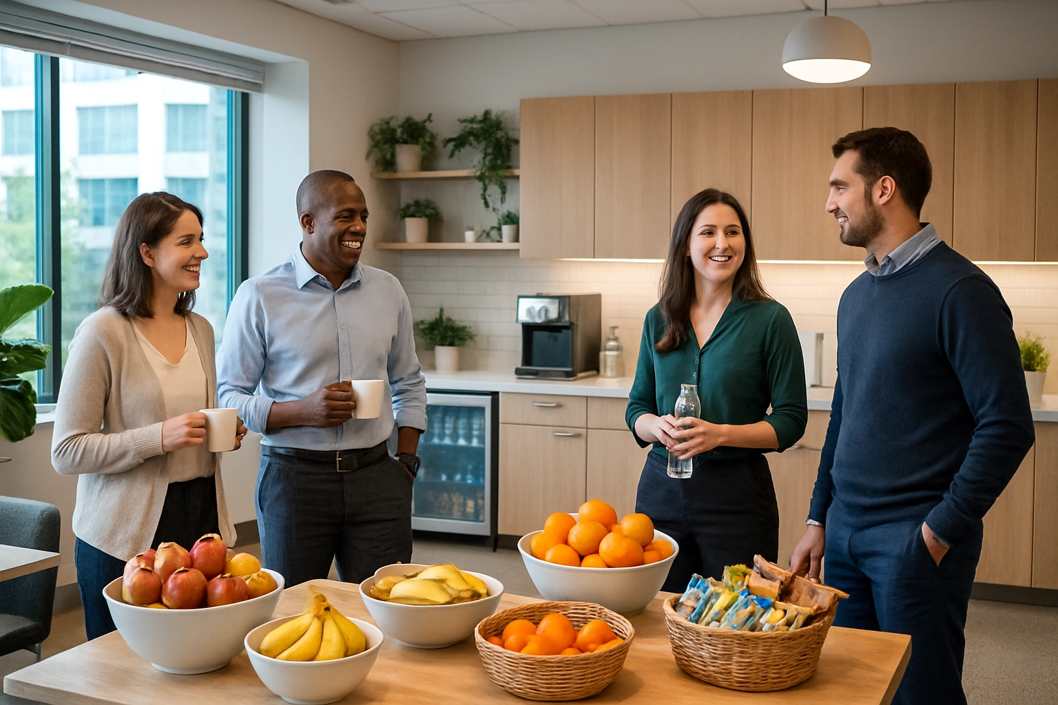Employees collaborating in lounge area