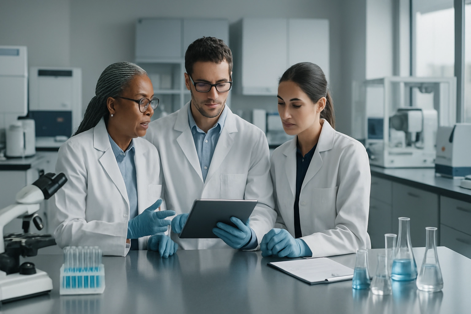 R&D team collaborating in laboratory