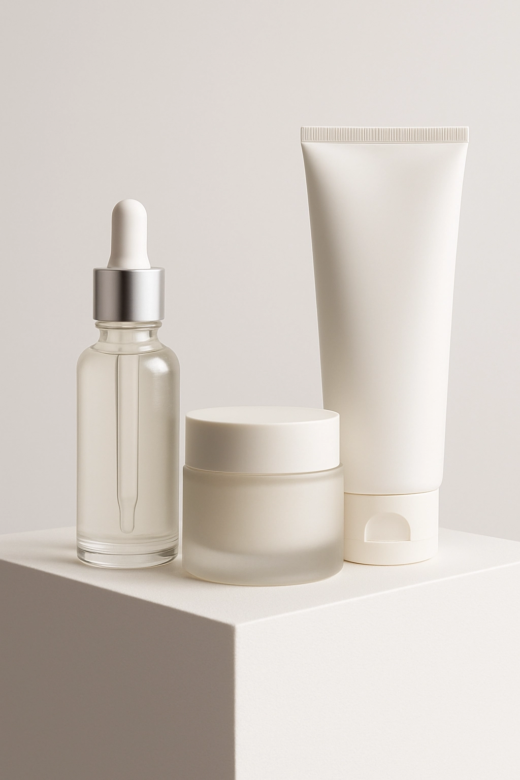 Skincare serums and creams on a marble background